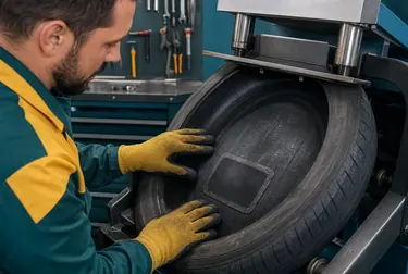 Equipamentos para vulcanização de pneus em um ambiente de borracharia.