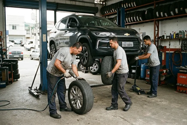 Profissionais realizando o rodízio de pneus de um carro em um ambiente de borracharia.